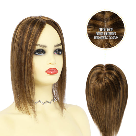 Model showcasing hair toppers  for women 12¡Á13 Mono Silk Base (P10/4 Golden Brown Dark Brown)