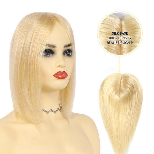 Model showcasing hair toppers for women 12¡Á13 Mono Silk Base (#613 Bleach Blonde)