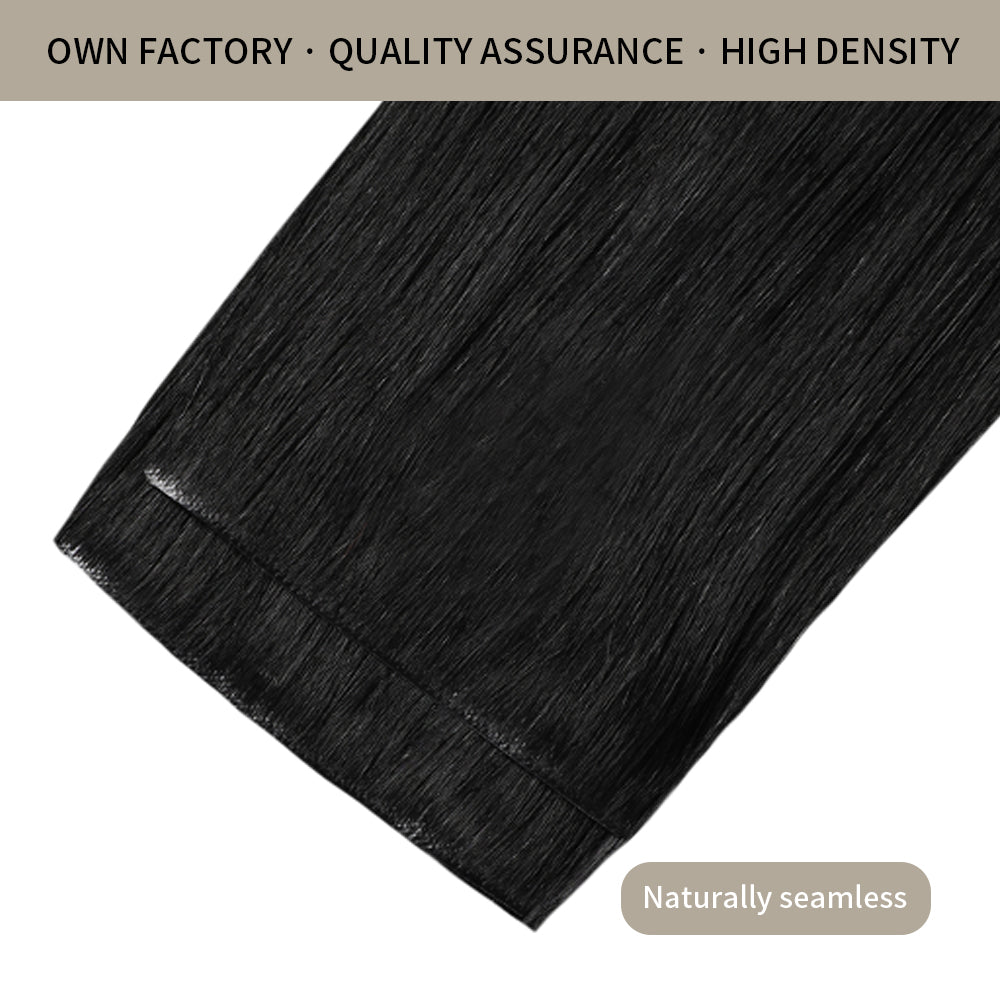 Front view of 2 seamless injected invisible clip in hair extensions (#1 Jet Black)