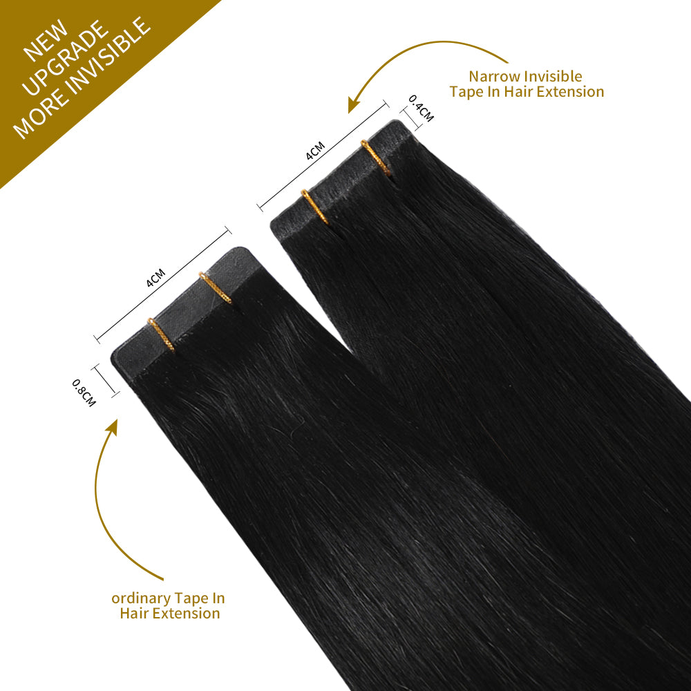 Comparison of narrow tape in hair extensions vs ordinary tape in extensions (#1 Jet Black)