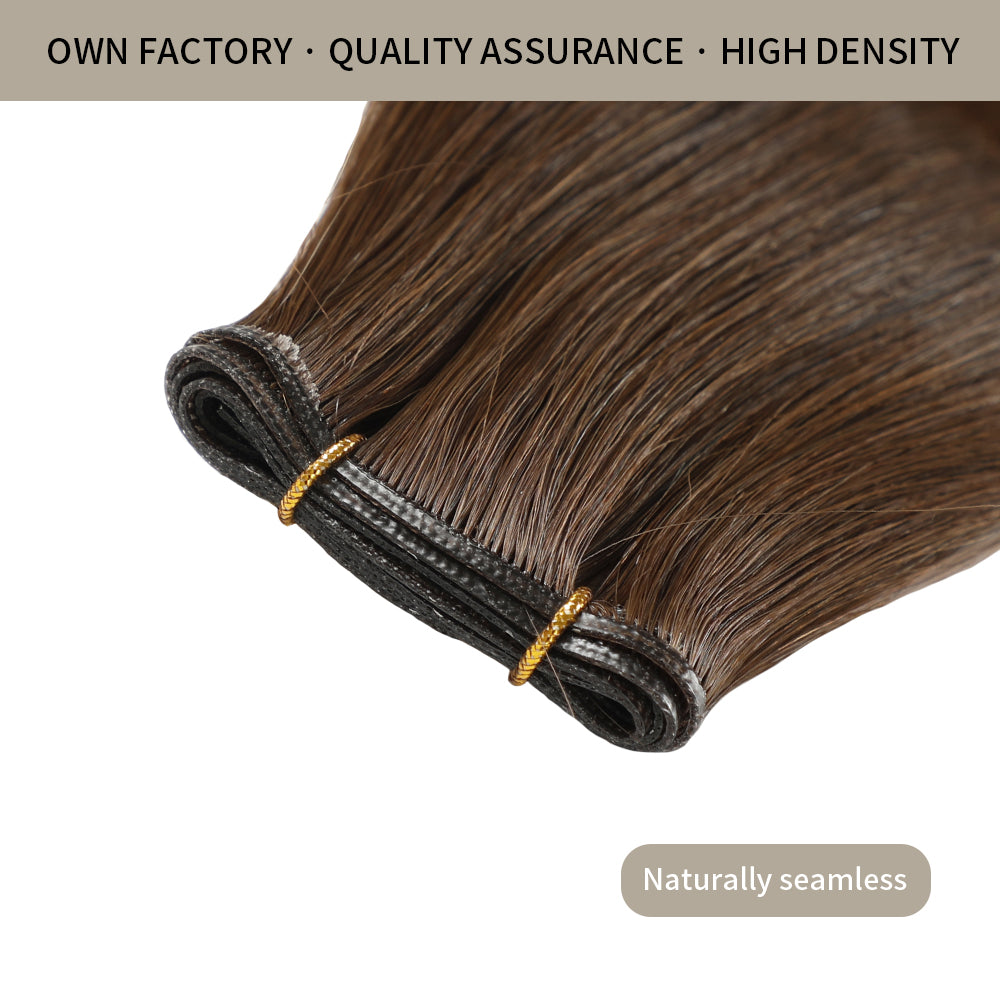 Close-up of Realmhair seamless high-density genius weft 1Pc in #4 with naturally thin weft base