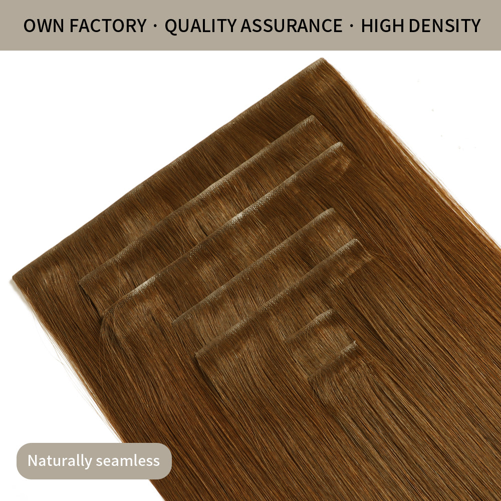 Front view of 7Pcs 16 Clips invisible clip ins  Virgin Human Hair (#6 Medium Brown)
