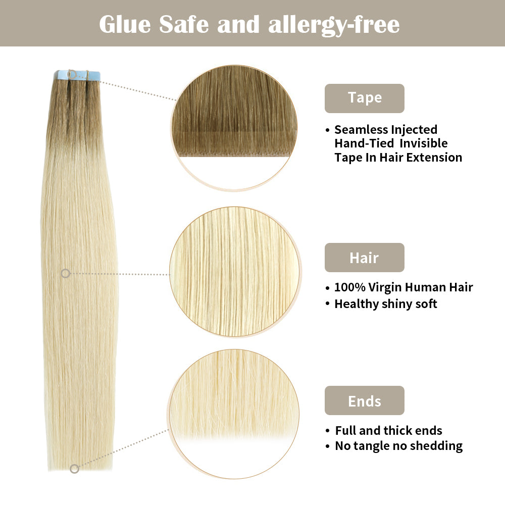 Realmhair invisible tape in hair extensions 20Pcs with safety tapes and full hair ends (T8/60)