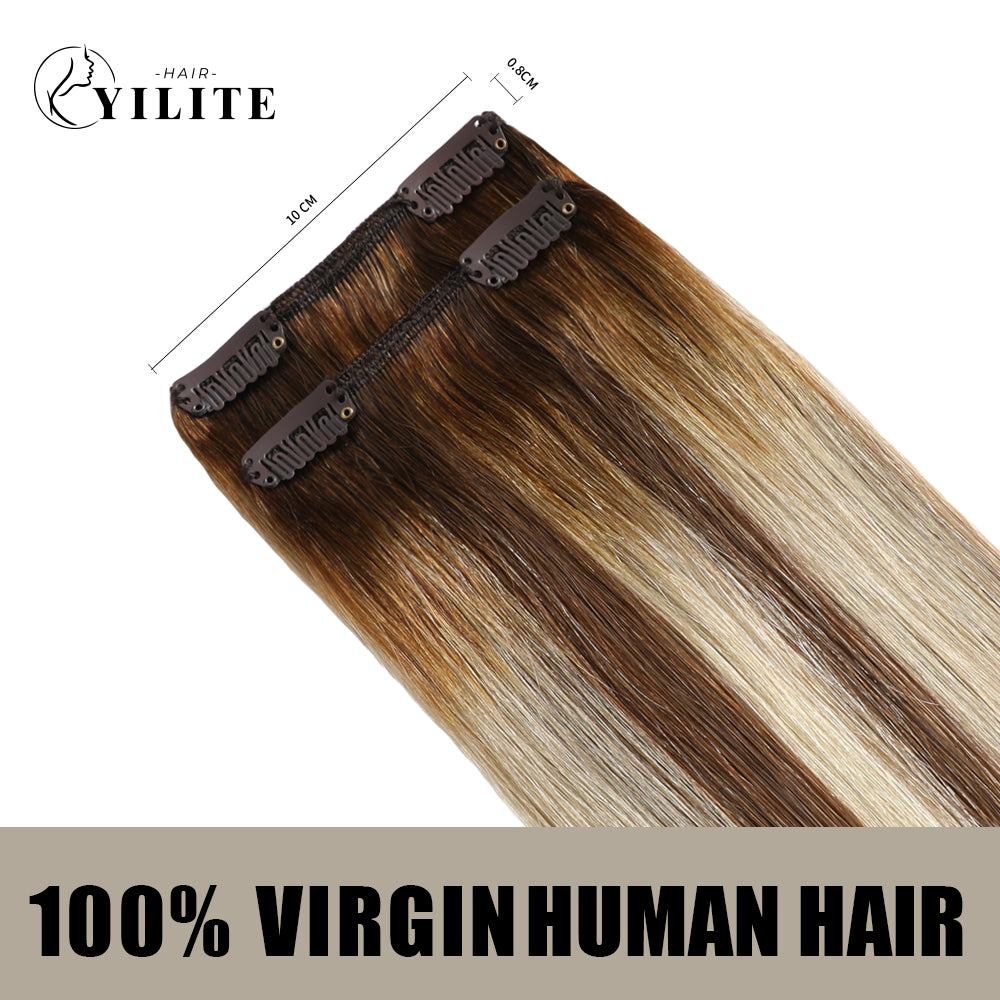 Back view of 2 clip-in hair pads with 2 clips each, 100% virgin human hair in color #P6/613/T4)