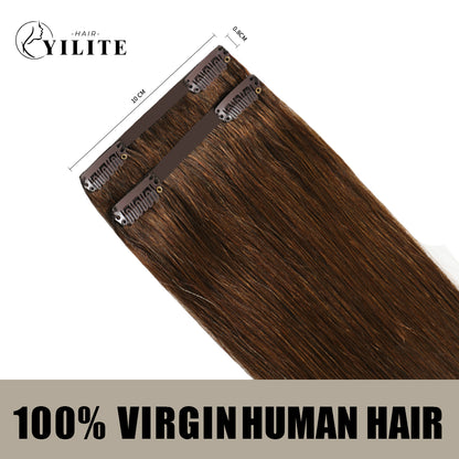 Back view of 2 clip-in hair pads with 2 clips each, 100% virgin human hair in color #4 Dark Brown 