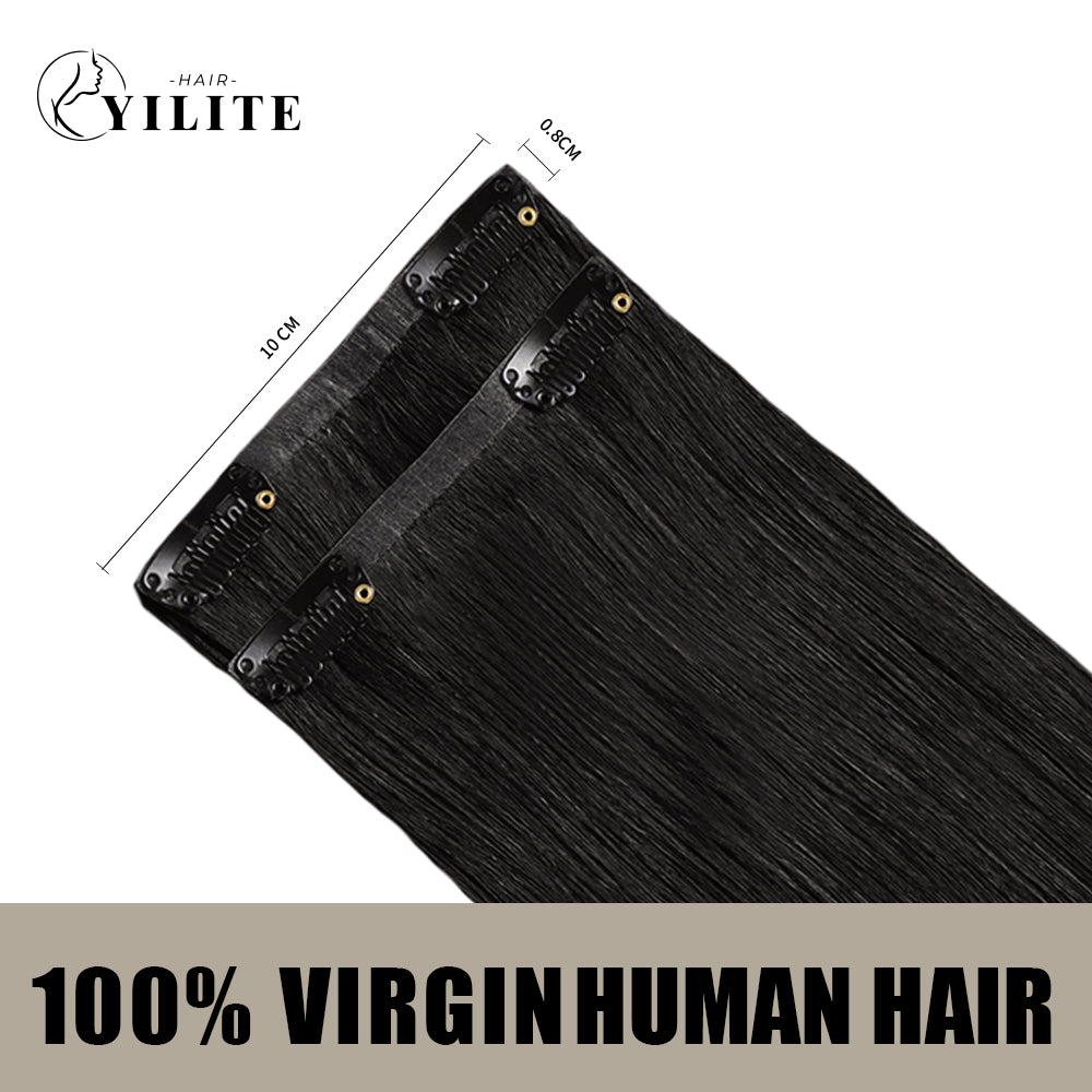 Back view of 2 clip-in hair pads with 2 clips each, 100% virgin human hair in color #1B 