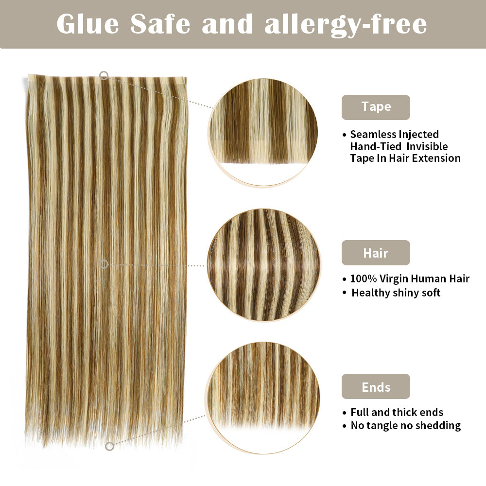 Details of Realmhair invisible tape-in extensions (#P6/613): seamless tape, virgin hair, thick ends