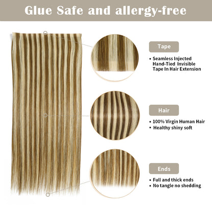 Details of Realmhair invisible tape-in extensions (#P6/613): seamless tape, virgin hair, thick ends