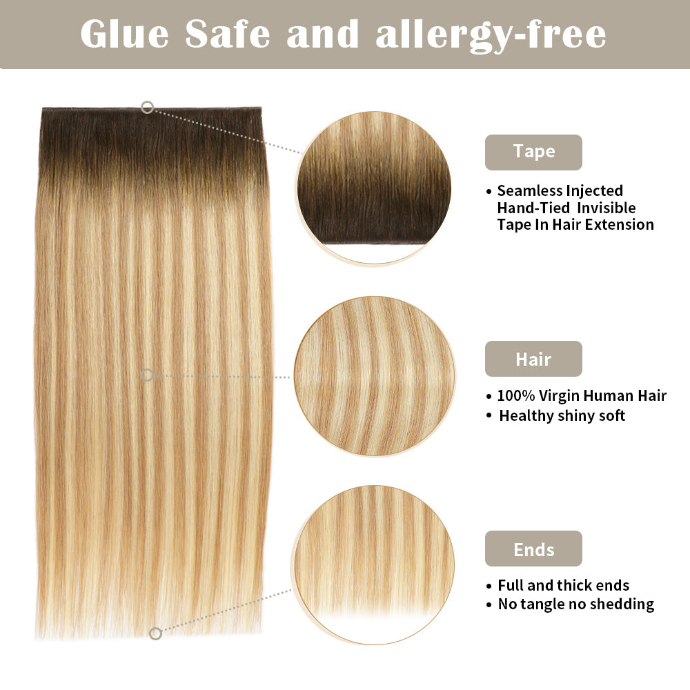 Details of Realmhair invisible tape-in extensions (#T2/P18/60): seamless tape, virgin hair, thick ends 