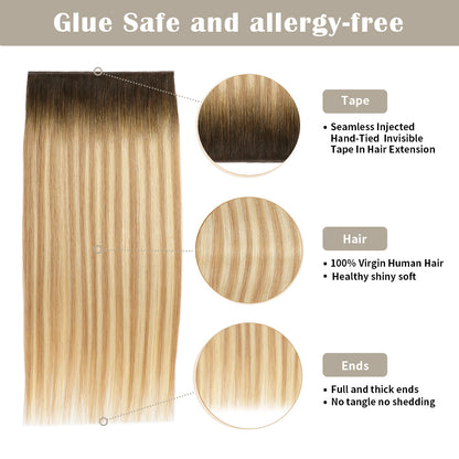 Details of Realmhair invisible tape-in extensions (#T2/P18/60): seamless tape, virgin hair, thick ends 