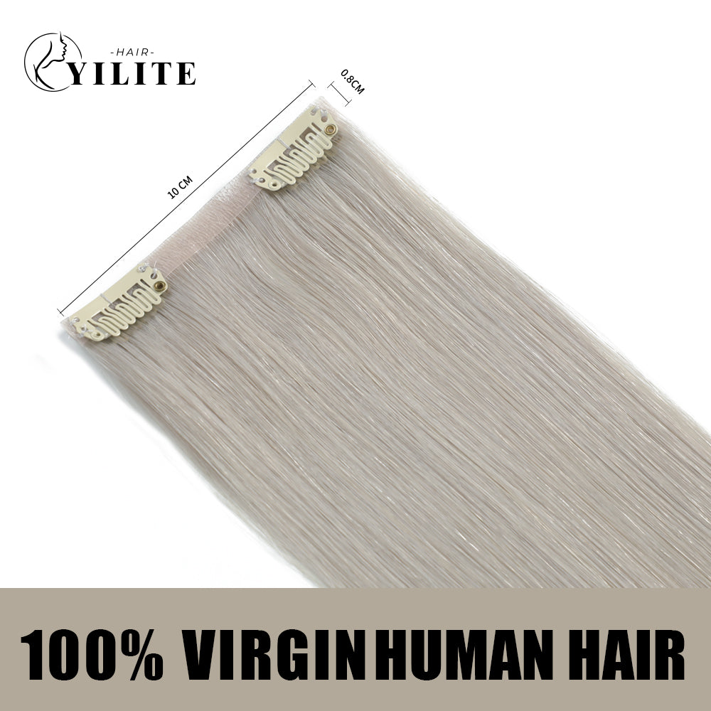 Back view of clip-in hair pads with 2 clips each, 100% virgin human hair in silver