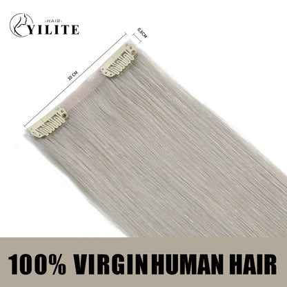 Back view of clip-in hair pads with 2 clips each, 100% virgin human hair in silver