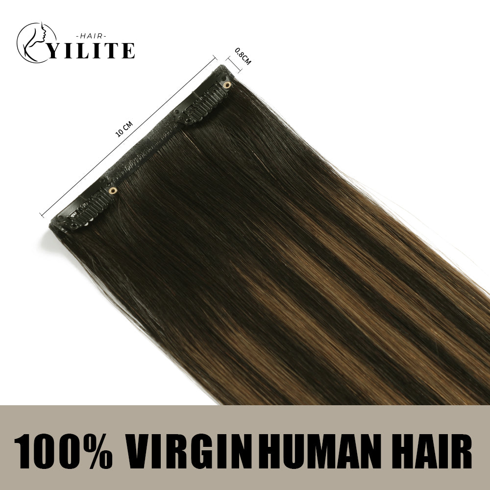 Back view of 2 clip-in hair pads with 2 clips each, 100% virgin human hair in color #P1B/6/T1B 
