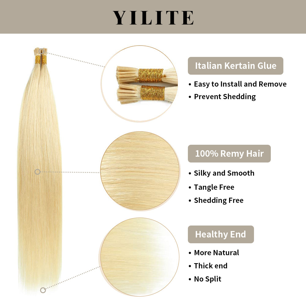 Realmhair I Tip hair extensions with Italian keratin glue, 100% virgin hair, healthy ends(#613)