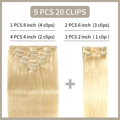 Realmhair clip-in extensions 9Pcs 20 Clips layout with size and clip count (#613 Bleach Blonde)