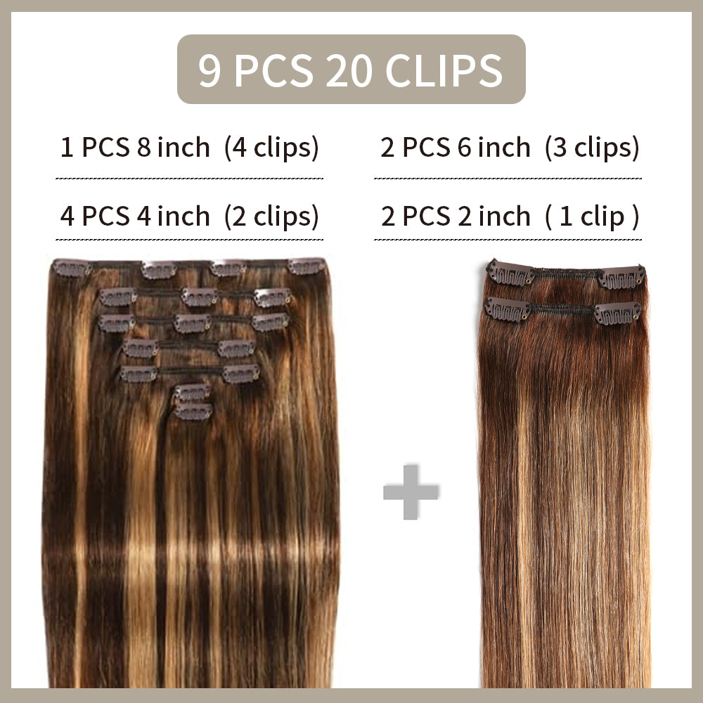 Realmhair clip-in extensions 9Pcs 20 Clips layout with size and clip count (#P4/27/T4)