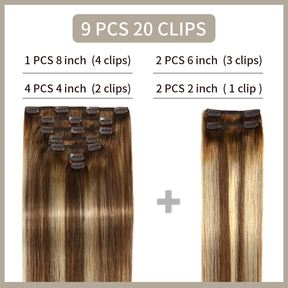 Realmhair clip-in extensions 9Pcs 20 Clips layout with size and clip count (#P6/613/T4)