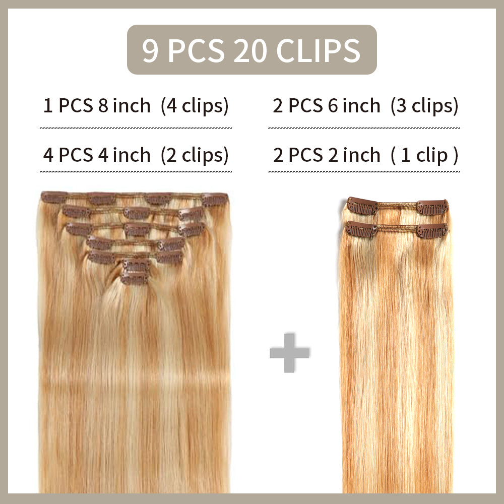 Realmhair clip-in extensions 9Pcs 20 Clips layout with size and clip count (#P27/613)