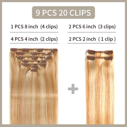Realmhair clip-in extensions 9Pcs 20 Clips layout with size and clip count (#P27/613)
