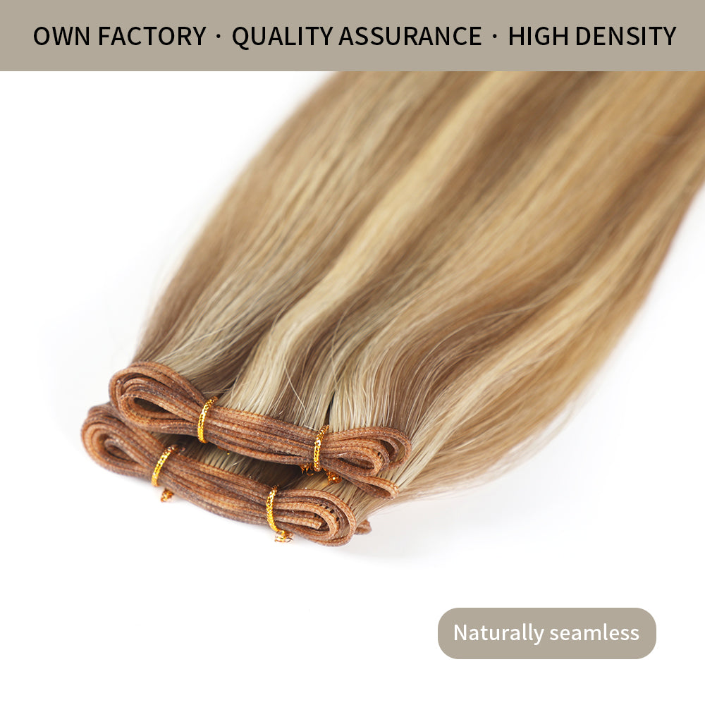 Close-up of Realmhair seamless high-density genius weft 1Pc in #P18/613 with naturally thin weft base 