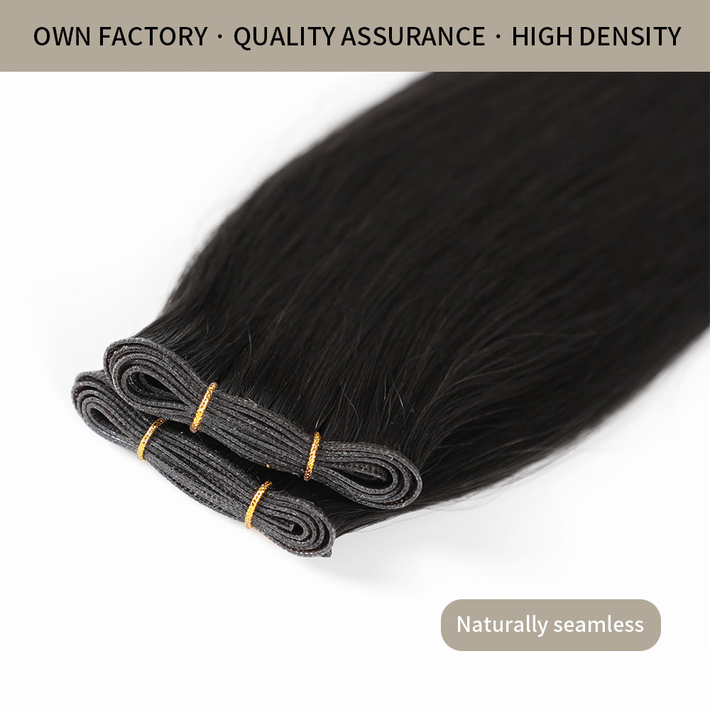 Close-up of Realmhair seamless high-density genius weft 1Pc in #1 Jet Black with thin weft base  