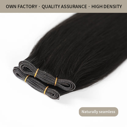 Close-up of Realmhair seamless high-density genius weft 1Pc in #1 Jet Black with thin weft base  