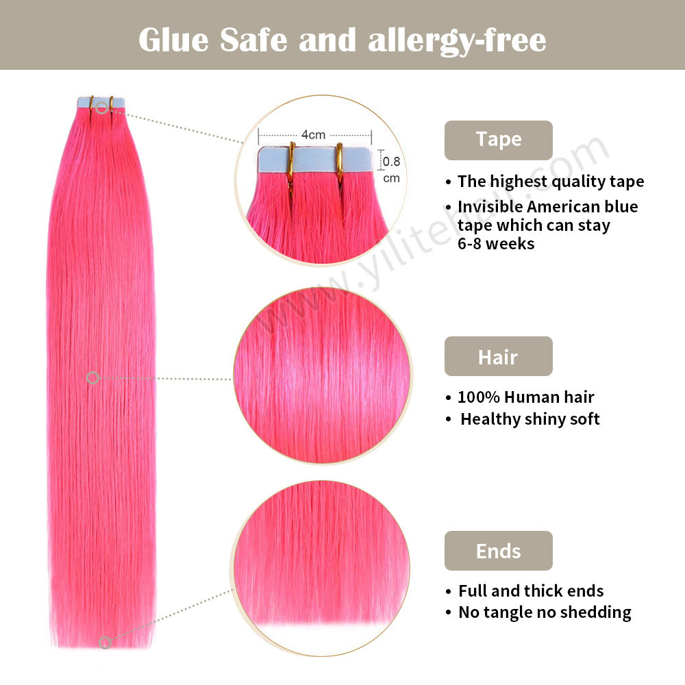 Realmhair Tape In Hair Extensions Tape Ins Invisible Natural Remy Human Hair (#Hot Pink)-Realmhairhair