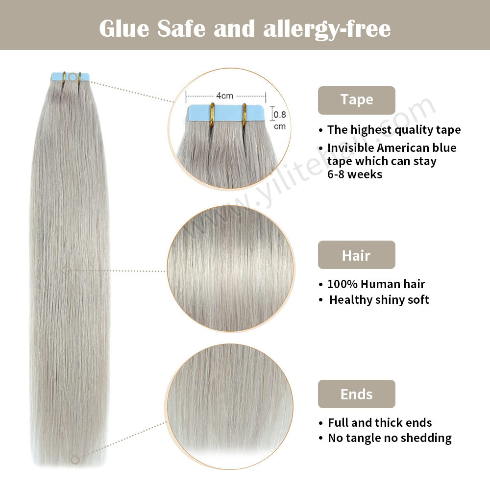 Realmhair Tape In Hair Extensions Tape Ins Invisible Natural Remy Human Hair (#Silver)-Realmhairhair
