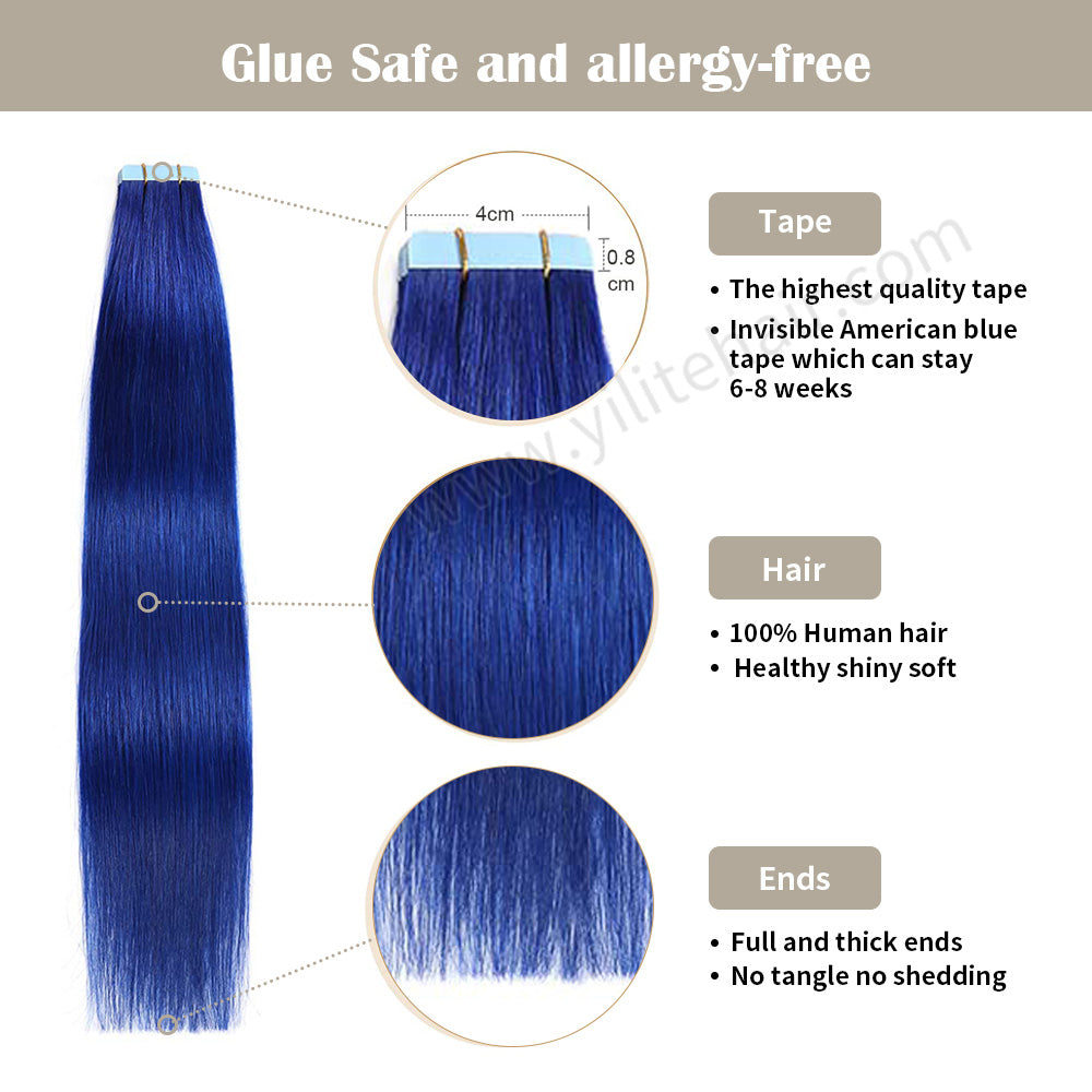 Realmhair Tape In Hair Extensions Tape Ins Invisible Natural Remy Human Hair (#Blue)-Realmhairhair