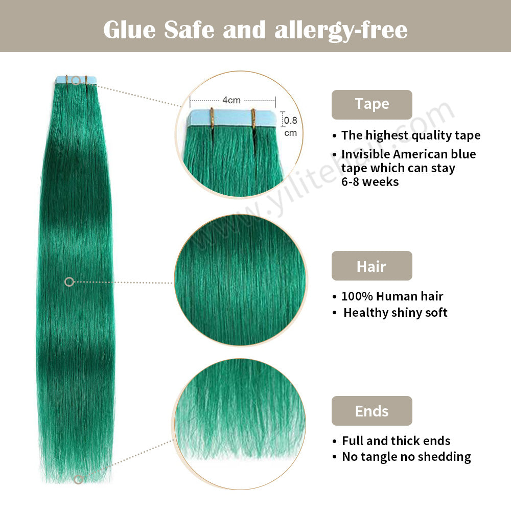 Realmhair Tape In Hair Extensions Tape Ins Invisible Natural Remy Human Hair (#Teal Green)-Realmhairhair