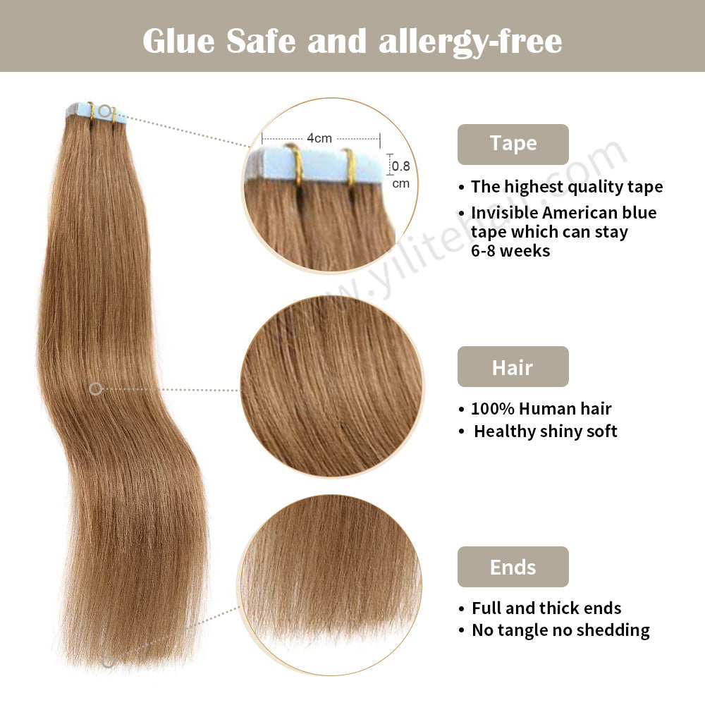 Realmhair Tape In Hair Extensions Tape Ins Invisible Natural Remy Human Hair (#8 Light Brown)