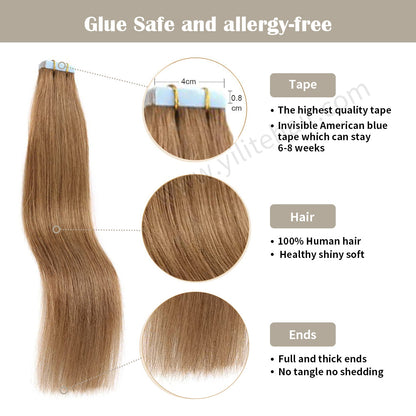 Realmhair Tape In Hair Extensions Tape Ins Invisible Natural Remy Human Hair (#8 Light Brown)