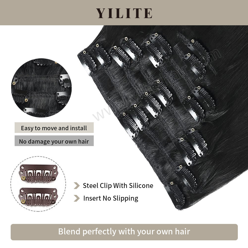 Close-up of seamless clips on 8Pcs 18 clips clip-in human hair extensions (#1 Jet Black)