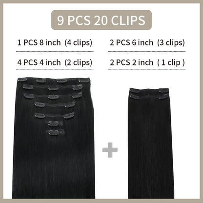 Realmhair Clip In Hair Extensions 9Pcs 20 Clips Invisible Natural Remy Human Hair (#1 Jet black)