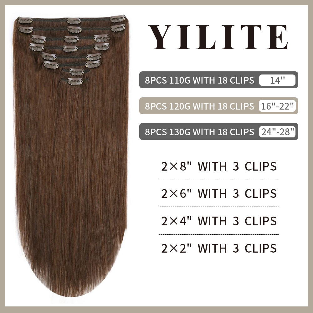 Realmhair clip-in extensions 8pcs 18 clips layout with size and clip count (#4 Medium Brown)