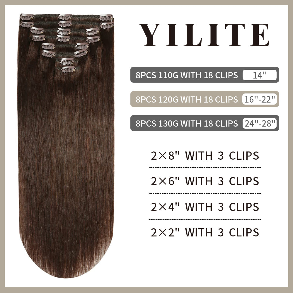 Realmhair clip-in extensions 8Pcs 18 clips layout with size and clip count (#2 Darkest Brown)
