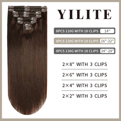 Realmhair clip-in extensions 8Pcs 18 clips layout with size and clip count (#2 Darkest Brown)