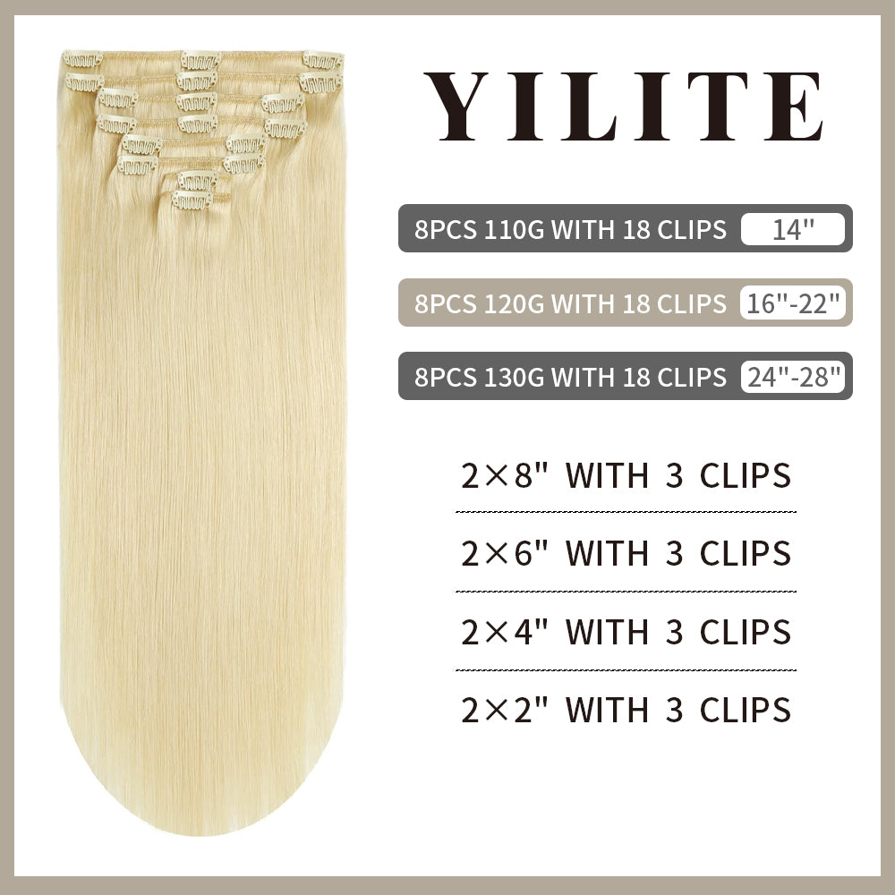 Realmhair clip-in extensions 8pcs 18 clips layout with size and clip count(#60 Platinum Blonde)