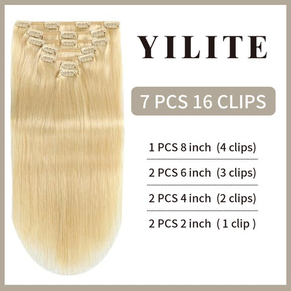 Realmhair clip-in extensions 7pcs 16 clips layout with size and clip count (#613 Bleach Blonde)