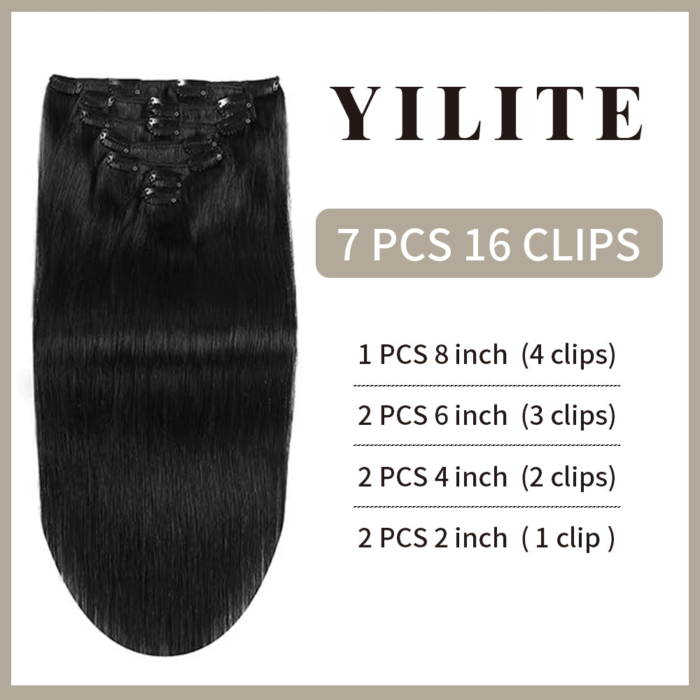 Realmhair Clip In Hair Extensions 7Pcs 16 Clips Invisible Natural Remy Human Hair (#1 Jet black)