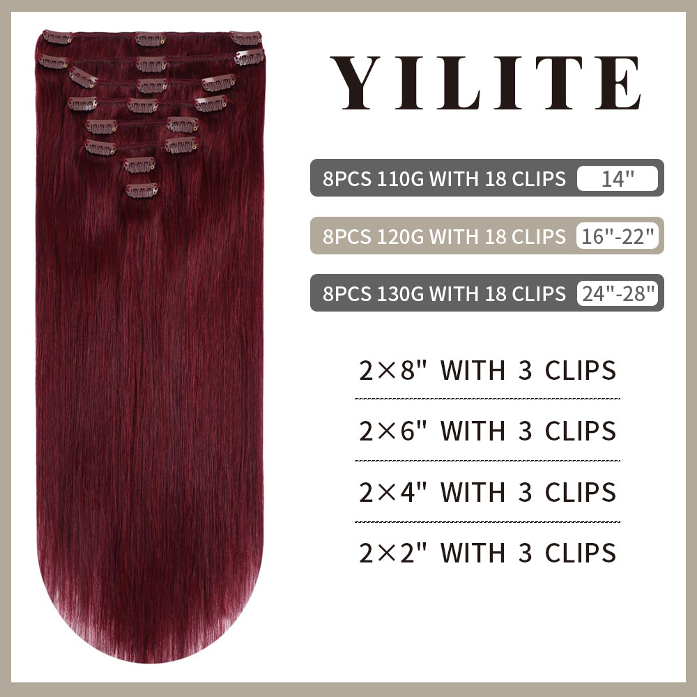 Realmhair clip-in extensions 8pcs 18 clips layout with size and clip count (#99J Burgundy)
