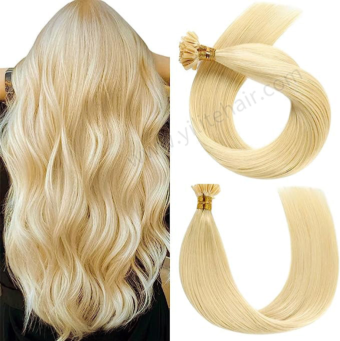 Back view of model wearing Realmhair U tip hair extensions (#613 Bleach Blonde)