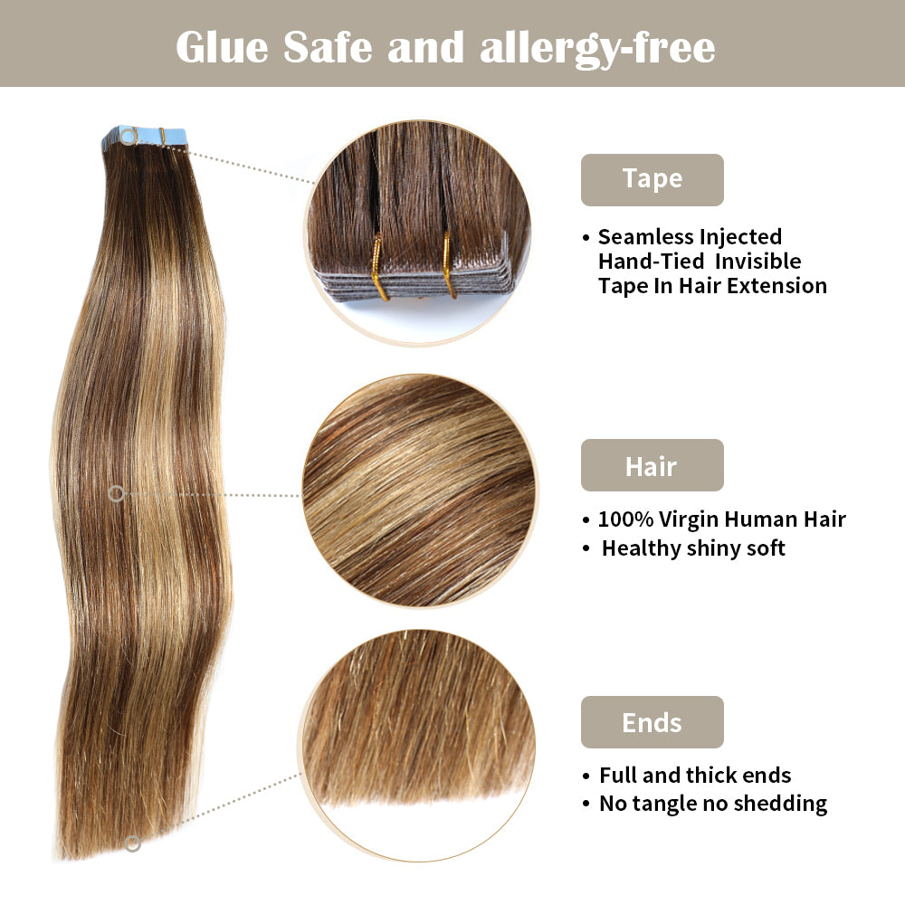 Realmhair invisible tape in hair extensions 20Pcs with safety tapes and full hair ends(P4/27/T4)