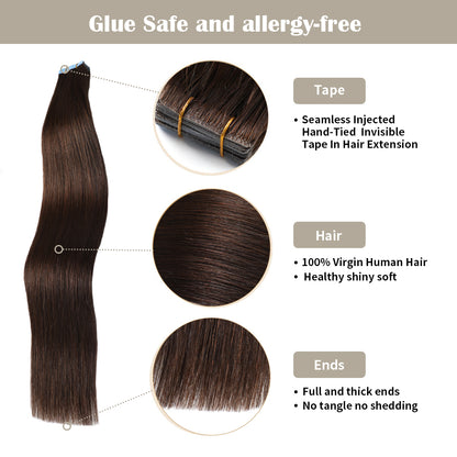 Invisible tape in hair extensions 20Pcs with safety tapes and full hair ends (#2 Darkest Brown)