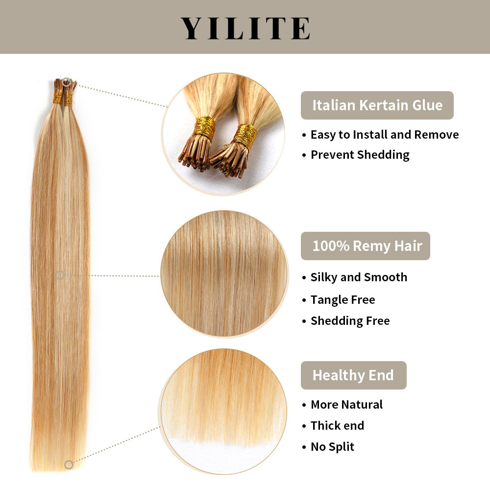 U Tip hair extensions with Italian keratin glue, 100% virgin hair, healthy ends (#P27/613)