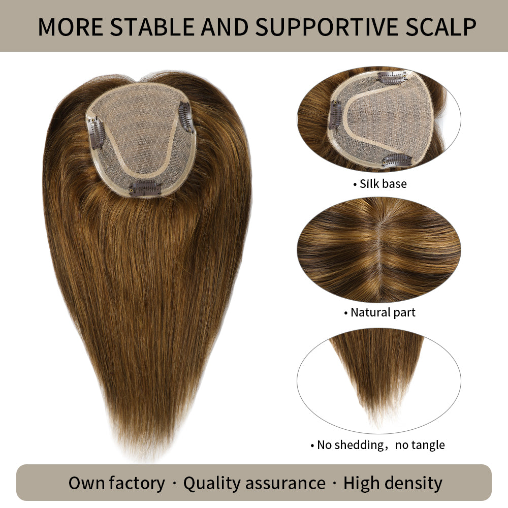 Realmhair silk base hair topper with natural part and thick strands in color P10/4