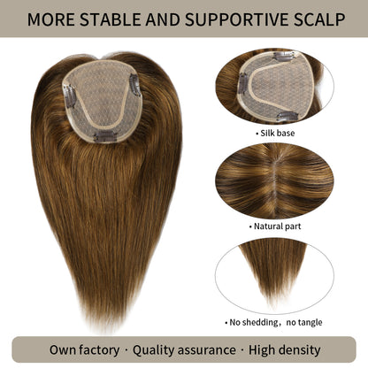 Realmhair silk base hair topper with natural part and thick strands in color P10/4