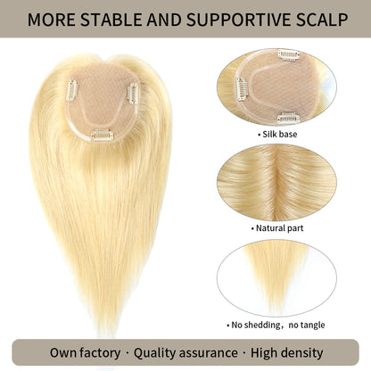 Realmhair silk base hair topper with natural part and thick strands in #613 Bleach Blonde 