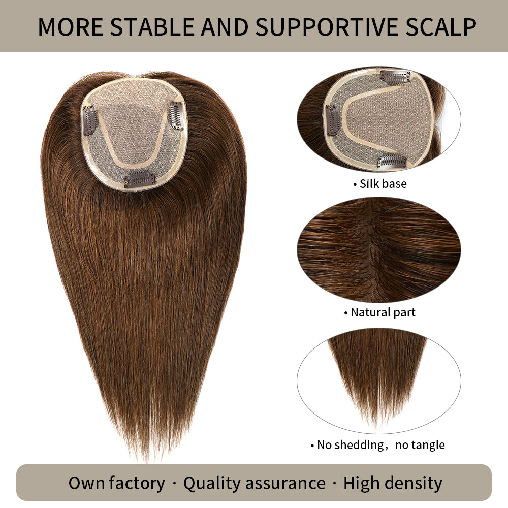 Realmhair silk base hair topper with natural part and thick strands in #4 Dark Brown