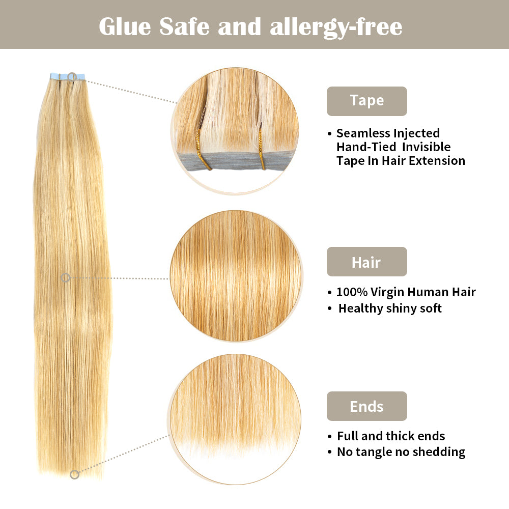 Realmhair invisible tape in hair extensions 20Pcs with safety tapes and full hair ends (P27/613)
